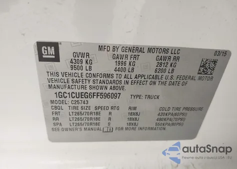 2015 Chevrolet Silverado 2500Hd Wt z USA, uszkodzony, nr VIN 1GC1CUEG6FF596097